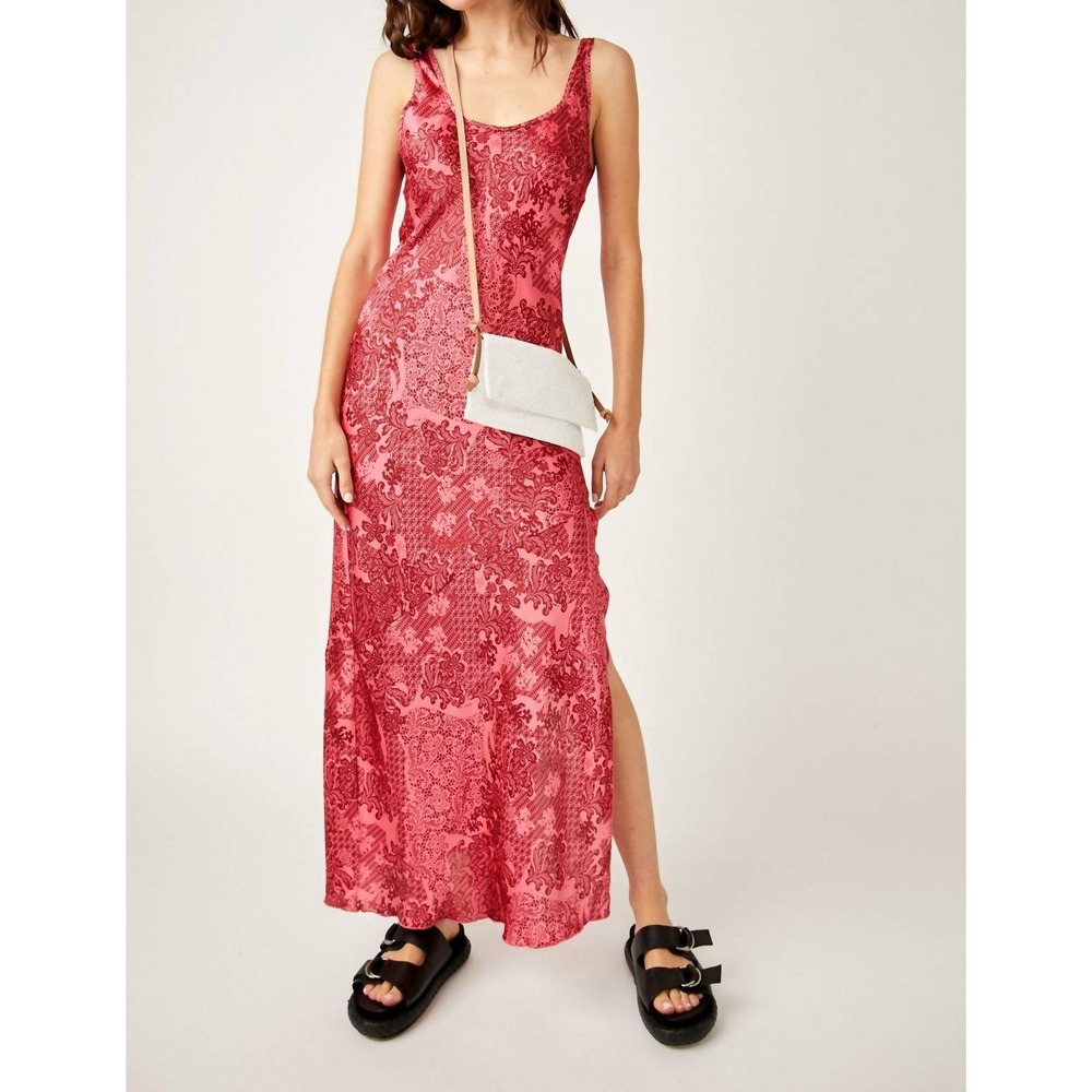 Free People Worth The Wait Bias slip maxi Dress Size XS cherry red pink satin